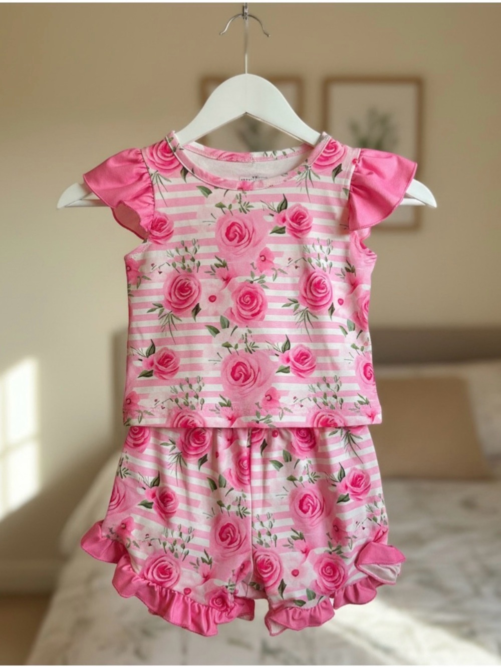 Girls' Floral Pink Stripe Ruffle Pajama Set